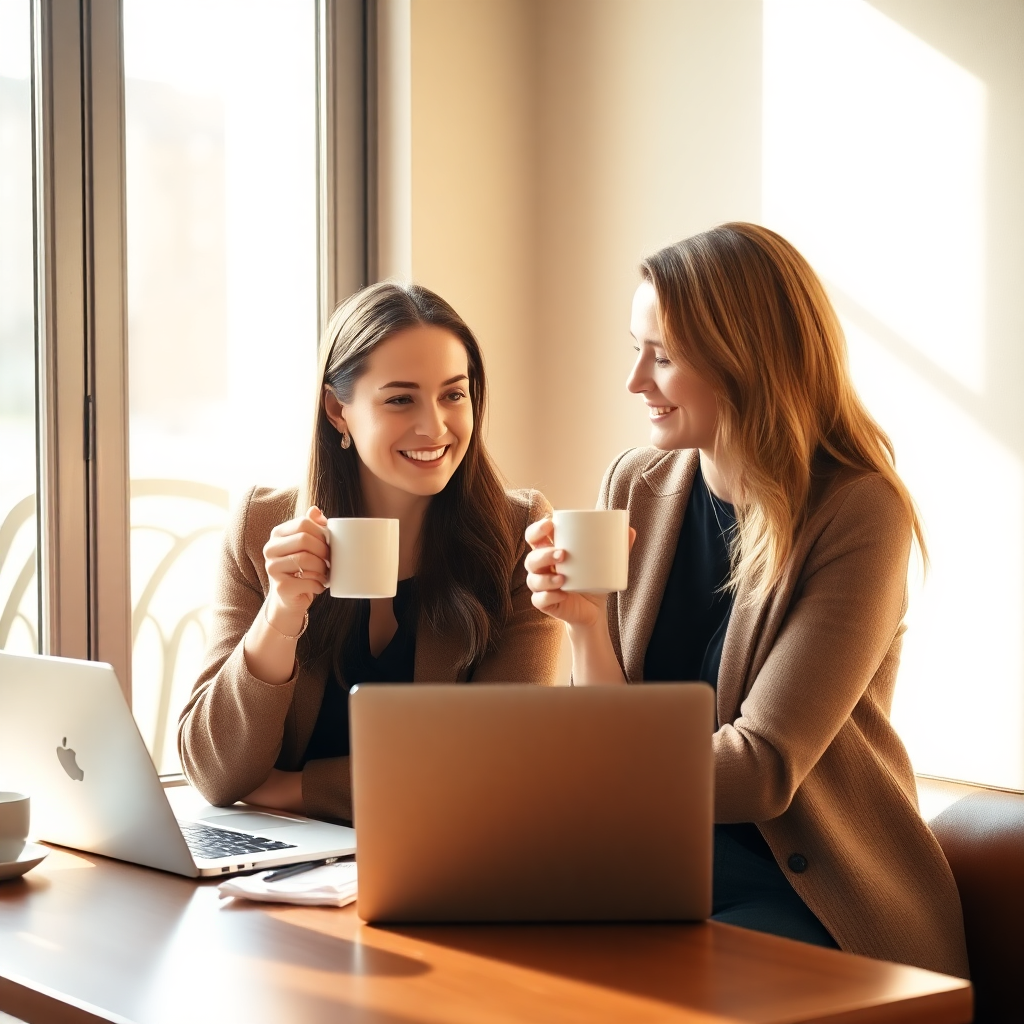 Warm, candid lifestyle photo of two women having coffee at a sunlit cafe table, discussing something on a laptop. Soft natural lighting, approachable, not corporate.